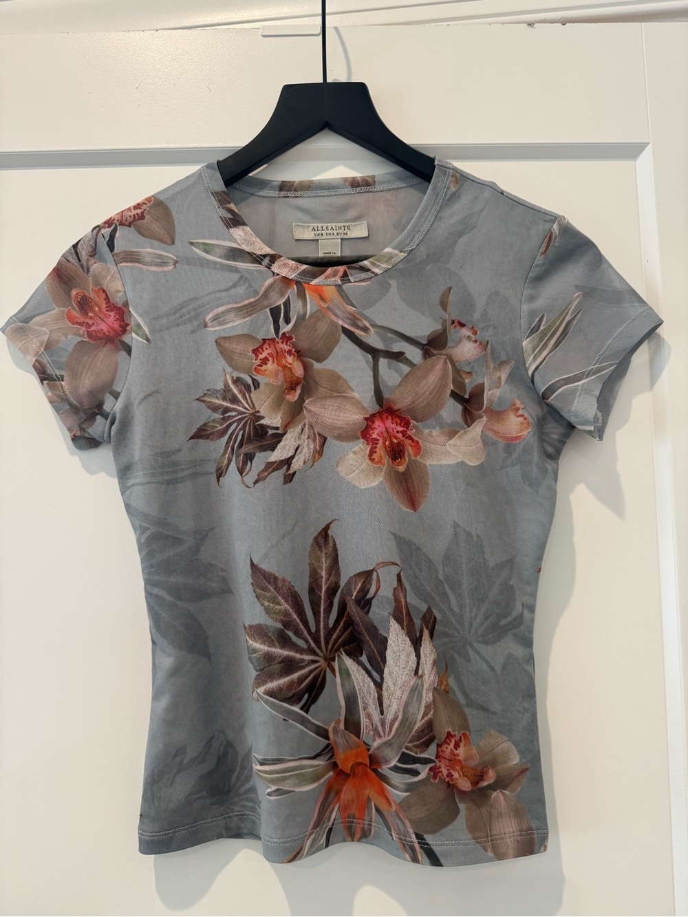 All Saints Women's Floral Print Blue Gray Mesh Tee